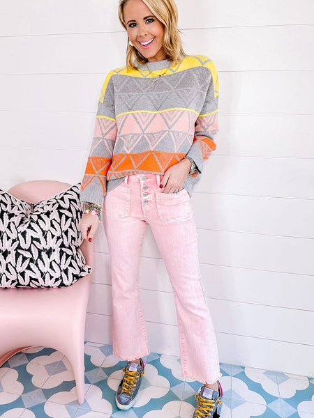 Women's Apricot Pink Mineral Wash Crop Flare Jeans with Button Fly