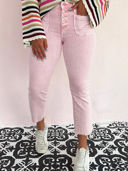 Women's Apricot Pink Mineral Wash Crop Flare Jeans with Button Fly