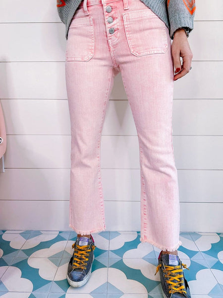 Women's Apricot Pink Mineral Wash Crop Flare Jeans with Button Fly