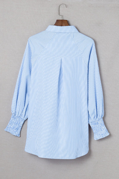 Women's Sky Blue Smocked Cuff Striped Boyfriend Shirt