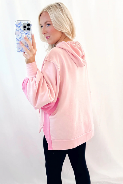 Trendy Women's Light Pink Color Block Hoodie with Balloon Sleeves & Kangaroo Pocket Chic High-Low Fashion Top