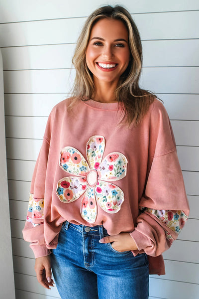 Cozy Floral Patch Women's Sweatshirt - Soft Cotton, Casual Everyday Style with Relaxed Fit for Ultimate Comfort