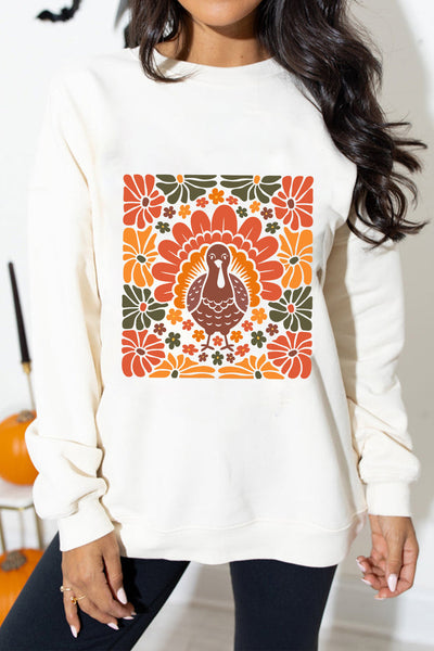 Women's Retro Turkey Floral Graphic Sweatshirt - Relaxed Fall Fit