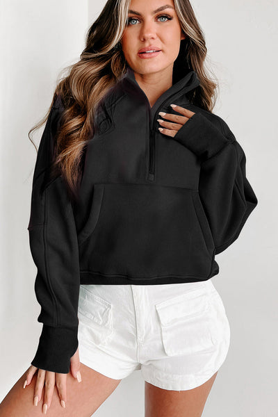 Cozy Women's Black Fleece-Lined Zip-Up Sweatshirt with Stand Collar & Thumbhole Sleeves for Ultimate Comfort and Style