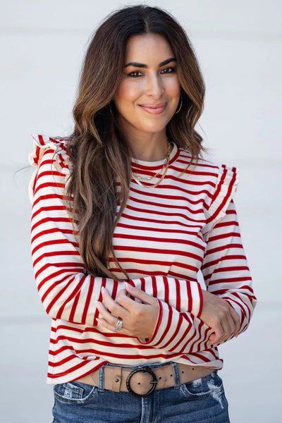 Women's Red Striped Ruffle Sleeve Cotton Blend Blouse