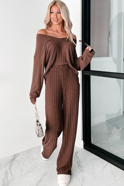 Women's Stylish Coffee Wide Rib Knit V-Neck Pullover and Loose Fit Pants Set - Cozy Loungewear for Relaxation