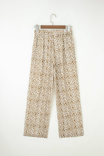 women's khaki leopard wide-leg drawstring pants made for easy styling and wardrobe coordination, with premium-like structure and finish. with