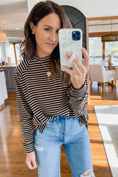 Women's Casual Chic Black Striped Long Sleeve Top with Side Splits - Loose Fit for Everyday Wear