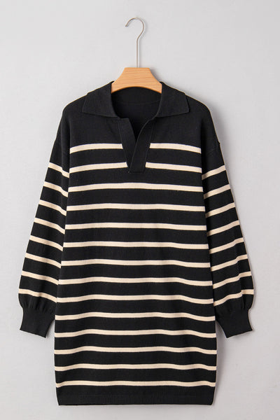 Elegant Women's Black Striped Polo Mini Dress with Puff Sleeves for Stylish Comfort and Versatile Everyday Wear