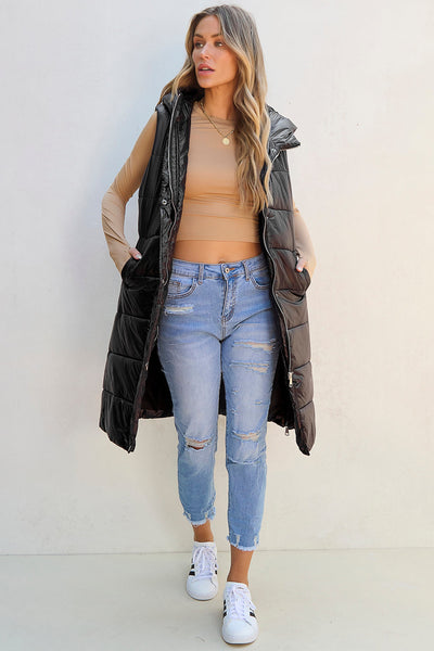 Stylish Women's Black Hooded Quilted Vest Coat - Warm Fall & Winter Layering Essential for Chic Casual Looks
