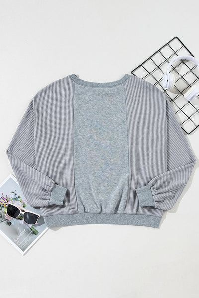 Women's Light Grey Waffle Knit Long Sleeve Pullover Top with Raw Hem and Patchwork Detail for Casual Comfort
