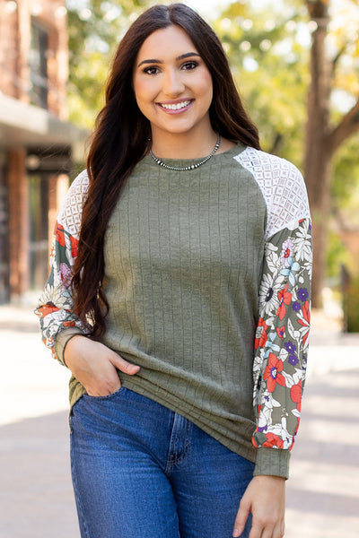 Stylish Women's Laurel Green Floral Patchwork Long Sleeve Blouse - Ribbed, Comfortable Fit for Effortless Everyday Chic