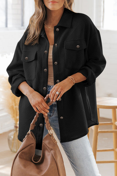 Trendy Women's Black Textured Flap Pocket Shacket - Stylish Button-Up Layer for Fall Fashion and Cozy Outfits