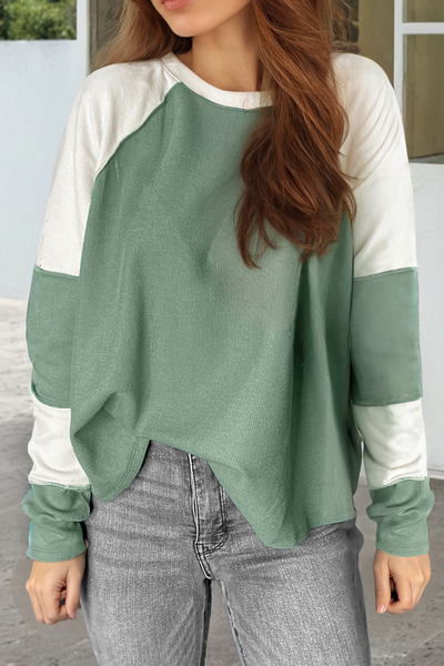 Women's Mint Green Ribbed Colorblock Long Sleeve Top - Trendy Casual Style with Relaxed Fit and Cozy Comfort