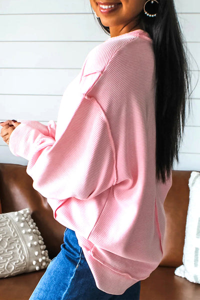 Women's Pink Ribbed Drop Shoulder Top with Exposed Seams