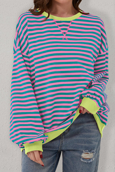 Women's Cozy Green Stripe Oversized Sweatshirt with Contrast Trim - Effortless Casual Pullover for Chic Comfort