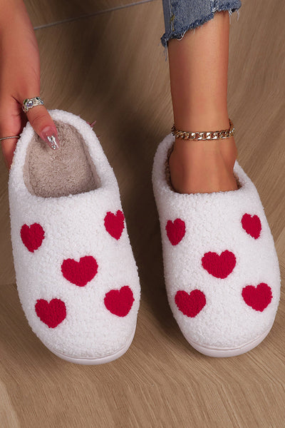 Women's Cozy White Heart Print Plush Slippers Cute and Comfy Valentine's Day Gift for Relaxing at Home
