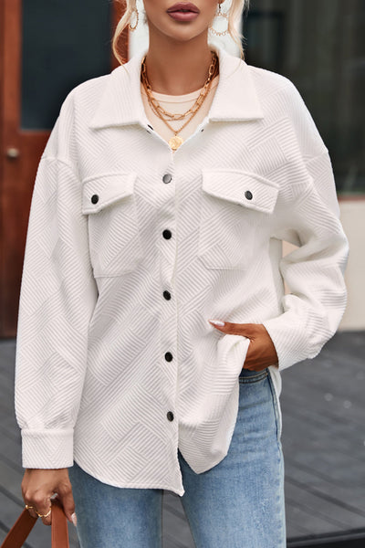Women's Textured Button-Up Shacket in Olive Green - Trendy Layering Top with Flap Pockets for Casual Chic Style