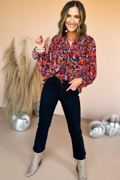 Crimson Dahlia Smocked Floral Puff Sleeve V-Neck Blouse