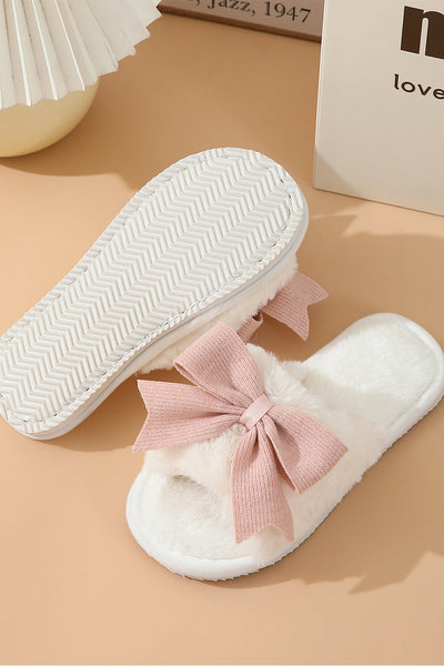 Women's Plush White Open-Toe Slippers with Dusty Rose Bow