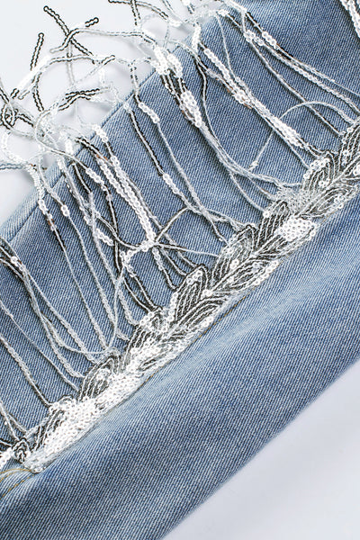 Women's Sky Blue Sequin Fringe Distressed Denim Jacket