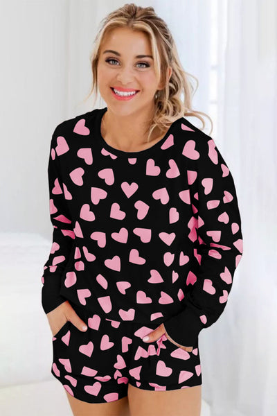 Women's Black Heart Print Long Sleeve Lounge Set with Shorts Adorable Cozy Valentine's Day Outfit for Women