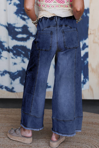 Stylish Women's Prussian Blue Wide Leg Denim Pants with Drawstring, Seam Detail, and Raw Hem for a Comfortable Fit