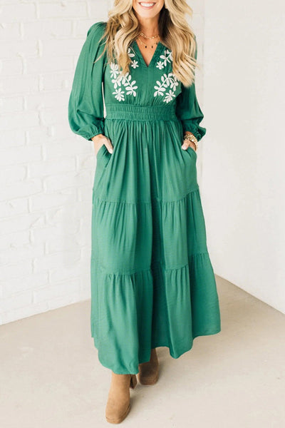 Women's Embroidered Sea Green Tiered Maxi Dress with Smocked Waist