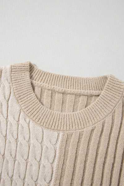 Women's Cozy Khaki Cable Knit Colorblock Sweater - Chic Drop Shoulder Crew Neck for Effortless Style and Comfort