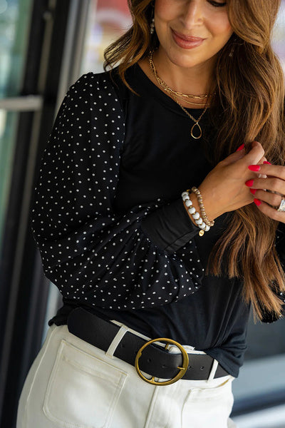 Elegant Women's Black Polka Dot Chiffon Blouse - Long Sleeve, Round Neck, Trendy Patchwork Design for Effortless Style