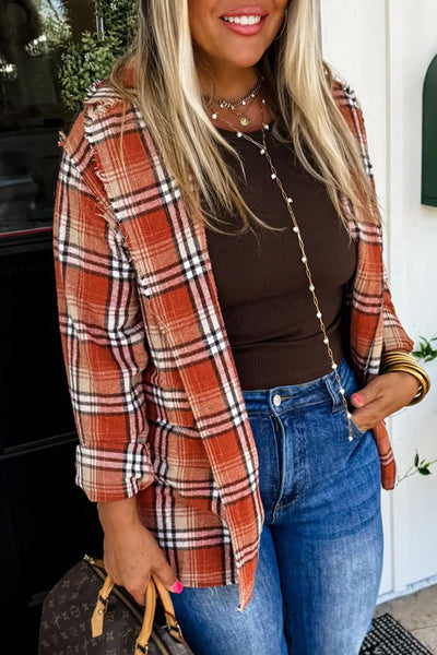 Chic Women's Orange Plaid Shacket with Raw Edge and Open Front for Effortless Fall Layering and Casual Style