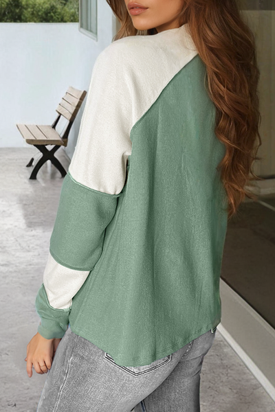 Women's Mint Green Ribbed Colorblock Long Sleeve Top - Trendy Casual Style with Relaxed Fit and Cozy Comfort