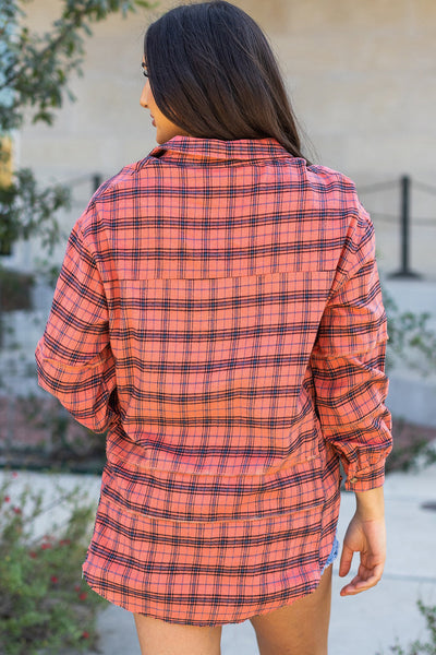 Trendy Women's Red Plaid Long Sleeve Shirt with Side Split and Distressed Hem for Casual Chic Style