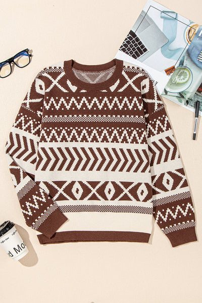 Women's Chestnut Brown Abstract Geometric Knit Pullover