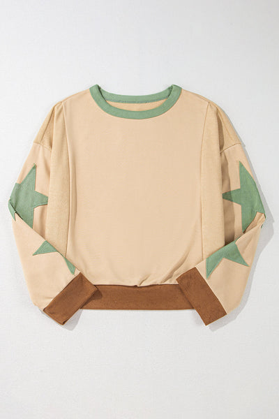 Cozy Women's Oversized Parchment Star Patchwork Sweatshirt with Exposed Seams Perfect for Everyday Casual Style