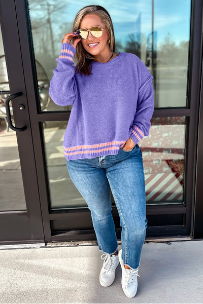 Plus Size Women's Cozy Wisteria Striped Trim Drop Shoulder Knit Sweater - Relaxed Fit for Effortless Everyday Style