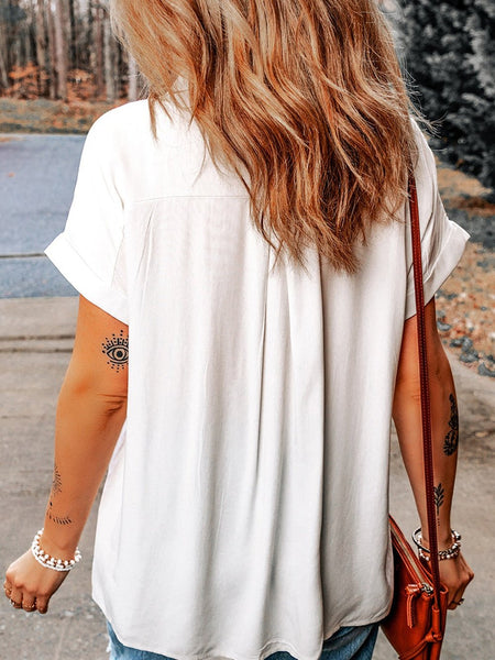 Rolled Sleeve White Shift Shirt with Chest Pocket