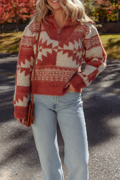 Cozy Mineral Red Women's Fuzzy Western Sweater with Geometric Design and Zipped Collar for Effortless Style