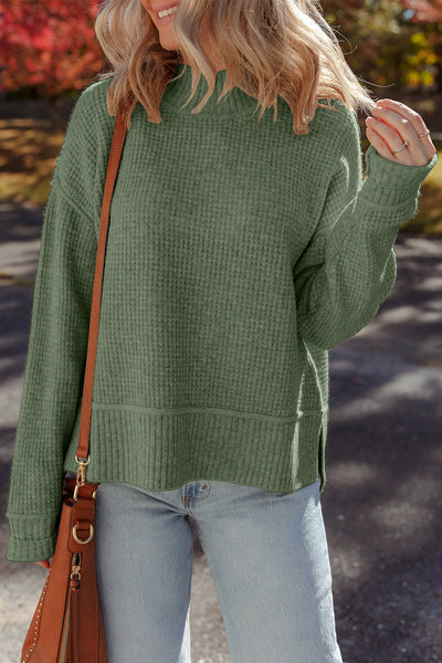 Women's Mist Green Waffle Knit High Neck Sweater