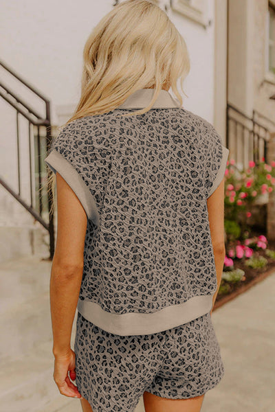 Women's Casual Summer Khaki Ribbed Leopard Print Half-Zip Polo Tee & Drawstring Shorts Set for Effortless Style