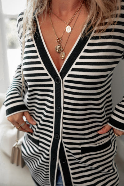 Stylish Women's Black Stripe Long Sleeve Tunic Cardigan Effortless Layering Essential for Chic Outfits