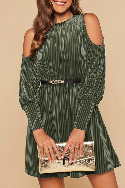 Elegant Women's Mist Green Velvet Cold Shoulder Mini Dress with Flared Hem and Textured Bishop Sleeves