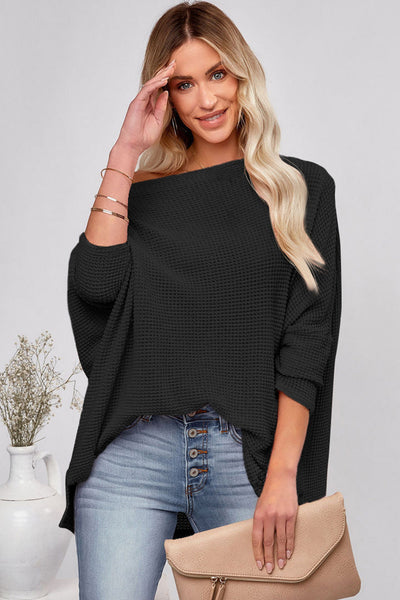 Soft Beige Waffle Knit Blouse for Women - Relaxed Fit Long Sleeve Top for Effortless Comfort and Style
