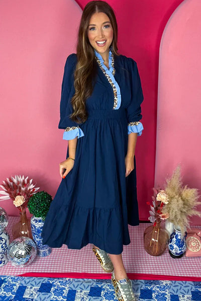 Elegant Women's Navy Blue Flowy Midi Dress with Ruffled 3/4 Sleeves and Stylish Contrast Frill for Casual Chic Look