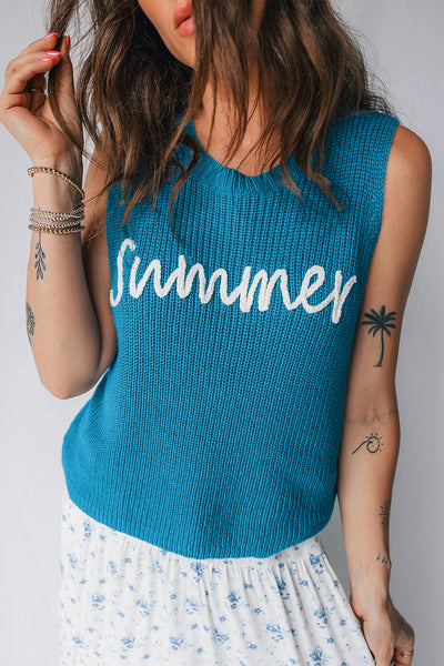 Women's Dusk Blue \"Summer\" Script Embroidered Knit Vest