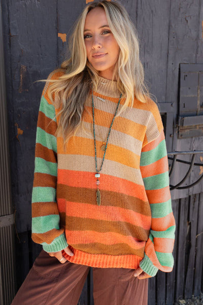 Cozy Women's Stripe Color Block Sweater in Soft Knit - Perfect Casual Fall & Winter Layering Essential