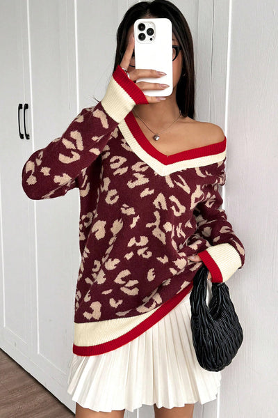 Stylish Women's Red Leopard Print V-Neck Sweater with Contrast Stripes - Cozy Knit Pullover for Chic Casual Looks