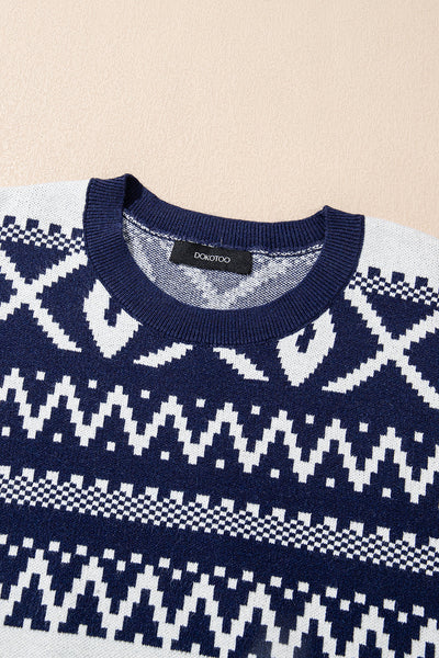 Cozy Women's Navy Blue Abstract Print Pullover Sweater - Stylish Knit Top for Effortless Casual Chic Outfits