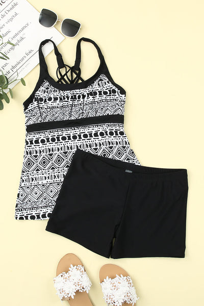 Chic Monochrome Print Strappy Back Tankini Swimsuit