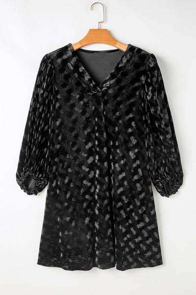 Chic Women's Black Velvet Mini Dress with Textured V-Neck and Fashionable Balloon Sleeves for Effortless Style